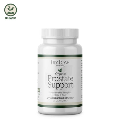 Lily & Loaf Organic Prostate Support supplement, natural formula in white bottle.