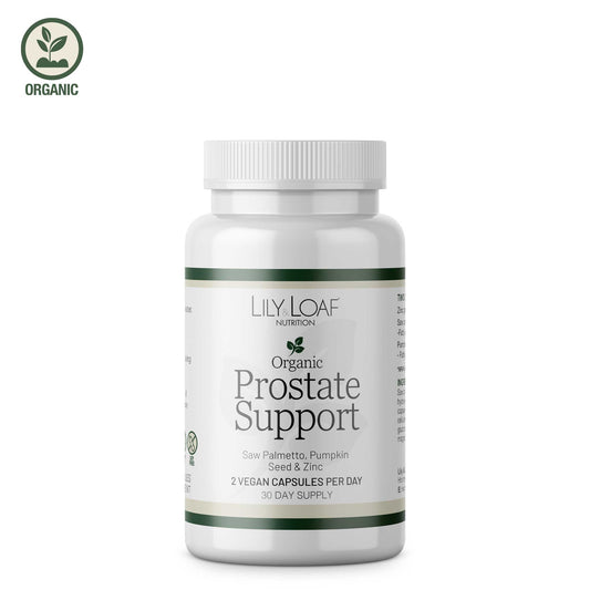 Lily & Loaf Organic Prostate Support supplement, natural formula in white bottle.
