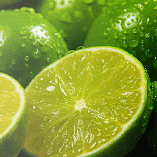 Fresh green limes with a juicy lime half in focus, covered in water droplets for a vibrant look