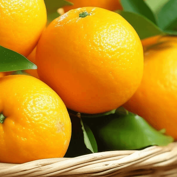 Ripe mandarins in a basket with fresh green leaves