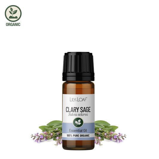 Clary Sage Organic Essential Oil with clary sage flowers in the background 