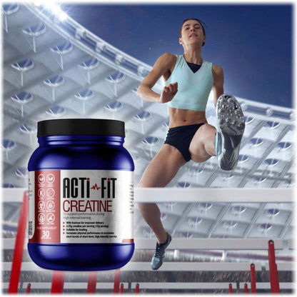 Acti-Fit's Creatine with woman competing in hurdles 