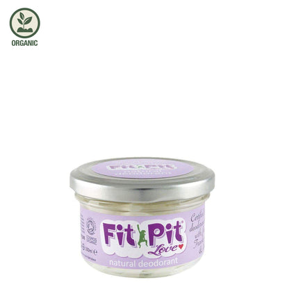 Fit Pit Love natural deodorant jar with purple label on a white background