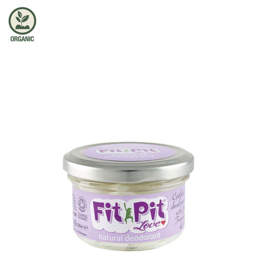 Fit Pit Love natural deodorant jar with purple label on a white background