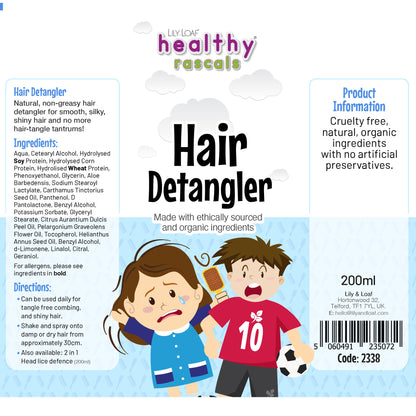 Healthy Rascals Hair Detangler 200ml label highlighting ingredients and directions for use