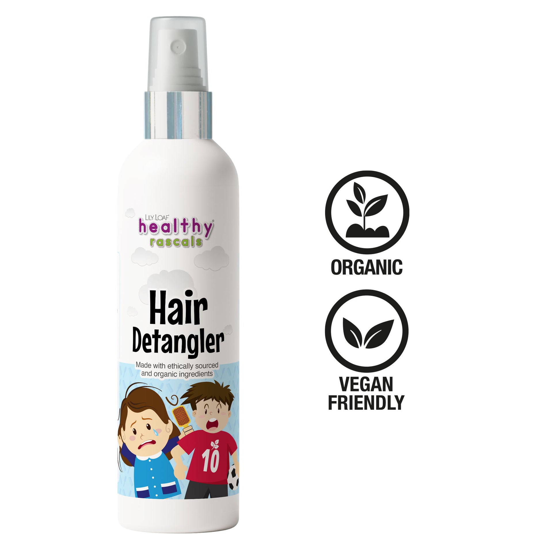 A girl combing her wet hair emphasising how easy and tangle free this formula is with a bottle of Healthy Rascals Hair Detangler in the foreground
