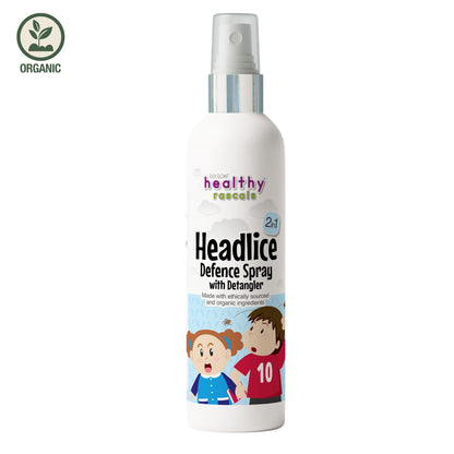 Healthy Rascals Headlice Defence Spray with detangler 200ml, natural protection in white bottle.
