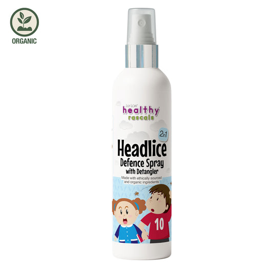 Healthy Rascals Headlice Defence Spray with detangler 200ml, natural protection in white bottle.