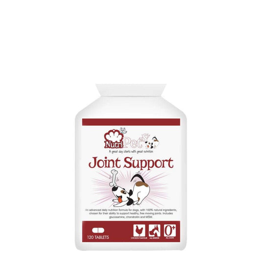 A bottle of Nutri-Pets Joint Support supplements for pets, with a label featuring an illustration of a dog.