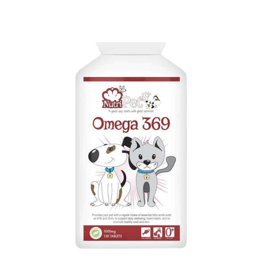 A bottle of Nutri-Pets Omega 369 pet supplements with illustrations of a dog and a cat on the label.