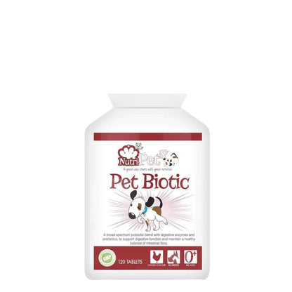 A bottle of Nutri-Pets Pet Biotic supplements for dogs, with branding and graphics indicating it is a product for digestive health.