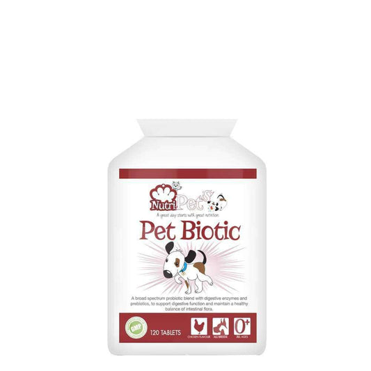 A bottle of Nutri-Pets Pet Biotic supplements for dogs, with branding and graphics indicating it is a product for digestive health.