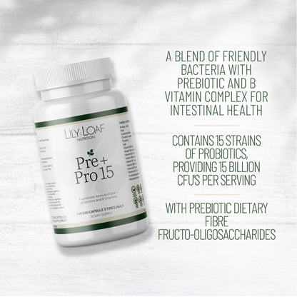 White bottle of Lily & Loaf Pre + Pro 15 supplement with prebiotics, probiotics, and B vitamins, containing 90 vegan capsules for a 30-day supply.