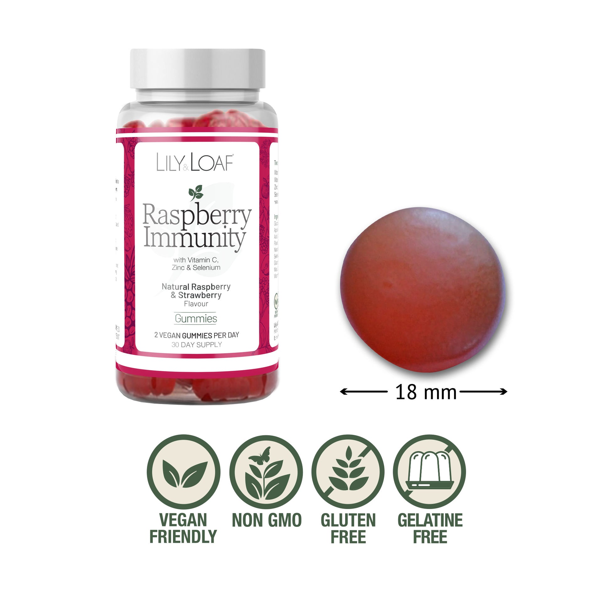 Raspberry Immunity Gummies vegan gluten gelatine non gmo