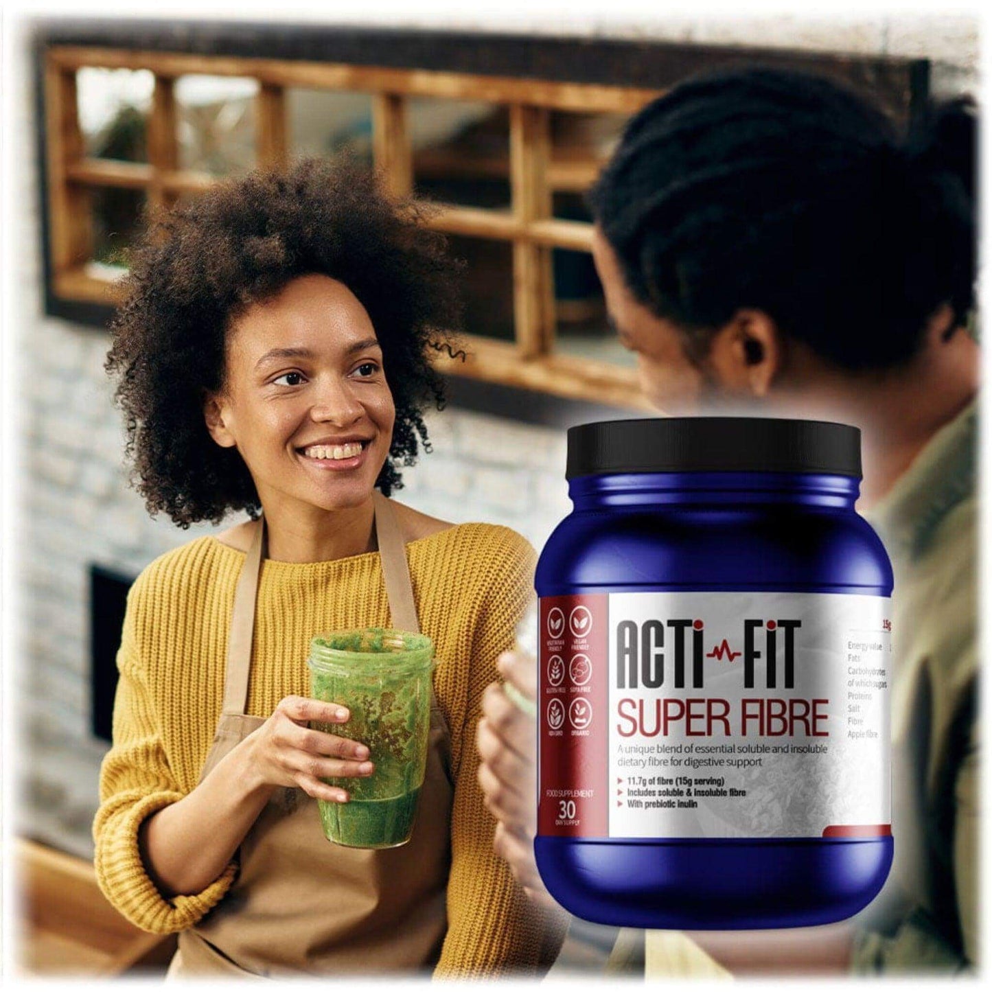 Blue container of Acti-Fit Super Fibre supplement, providing 11.7g of fiber per serving, 30-day supply, vegan and gluten-free, with prebiotic inulin.