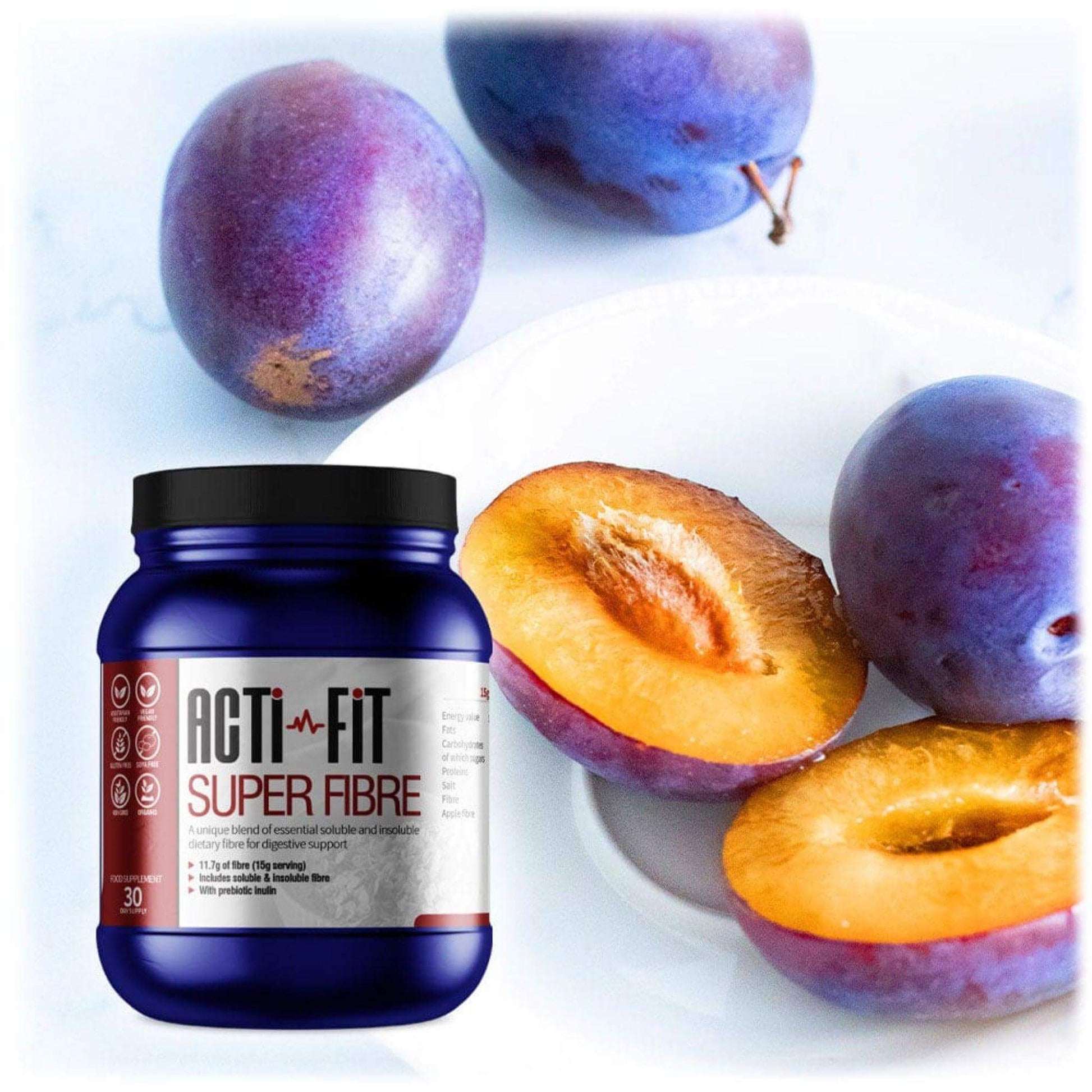 Blue container of Acti-Fit Super Fibre supplement, providing 11.7g of fiber per serving, 30-day supply, vegan and gluten-free, with prebiotic inulin.