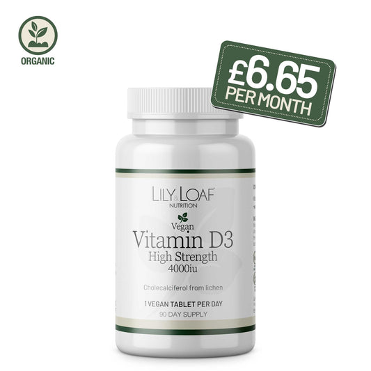 Bottle of Lily Loaf Vitamin D3 with price tag and organic label on a white background