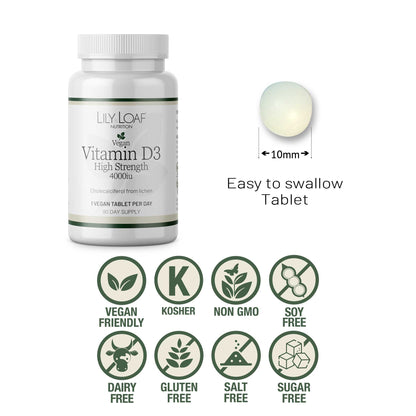 Vitamin D3 tablet size and allergen free symbols