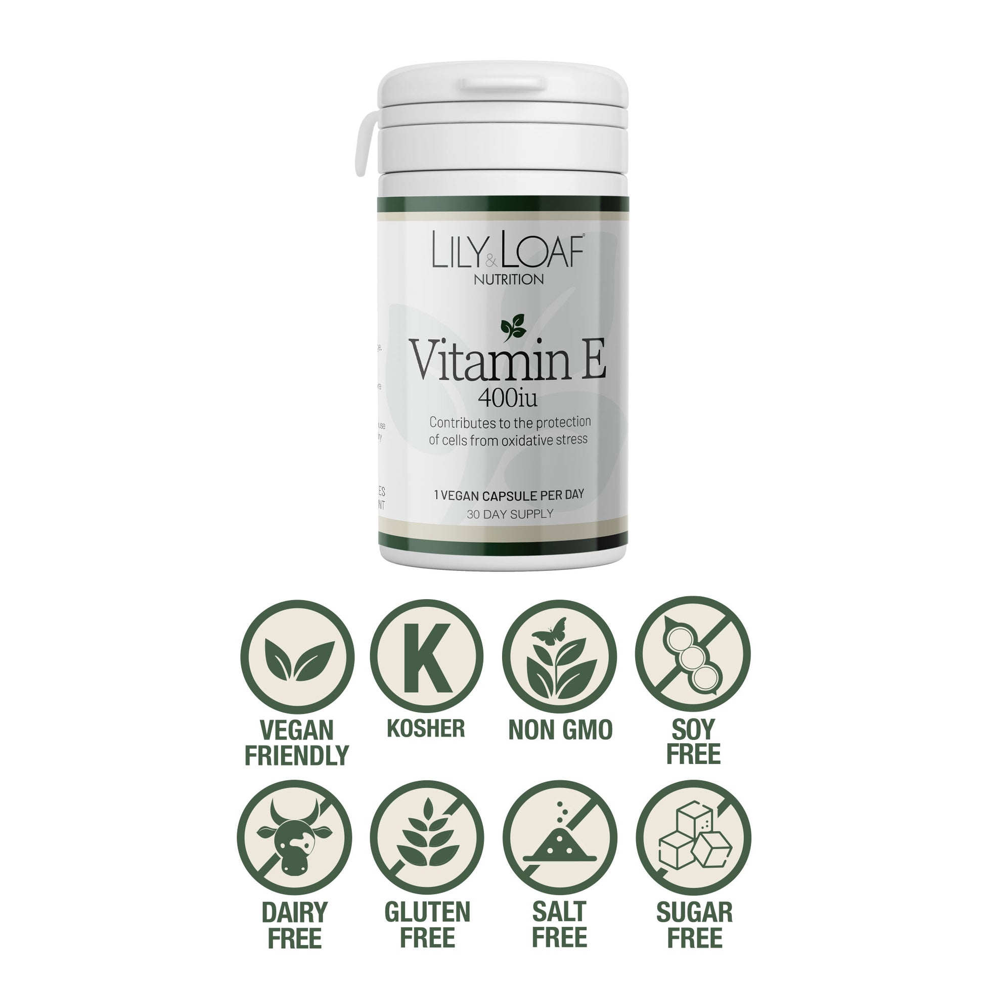Vitamin E 400IU is vegan, gluten-free sugar-free and non-gmo